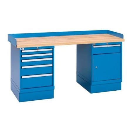 Lista International Industrial Workbench w/5 and 1 Drawer w/Shelf Cabinets, Butcher Block Top - Blue XSWB52-72BT/BB